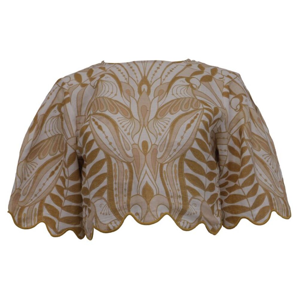 Farm Rio Lace Nature Scallop-Trimmed Crop Blouse in Beige Linen